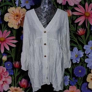 Chic White V-Neck Blouse Or Cover Up Or MINI  with Button Detail
